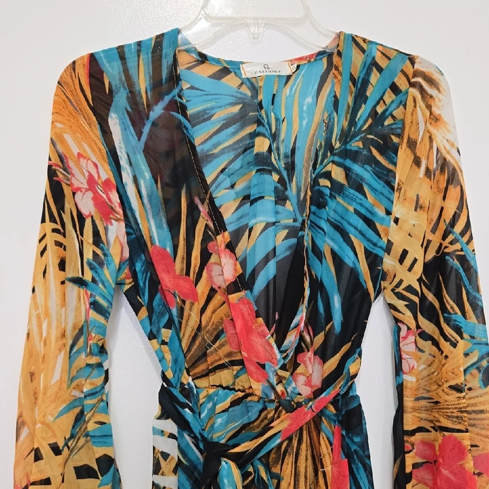 Vibrant Long Sleeve Tropical Sheer Plunging Neck Maxi Dress - Picture 2 of 6